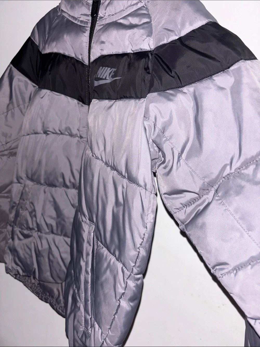 Nike Kids Silver Puffer Jacket with Black Chest Band